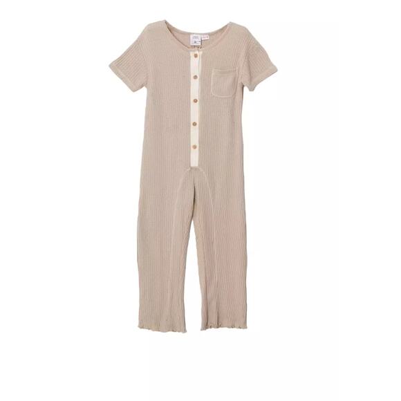 Zara Tan + White Waffle Knit Button Detail Bell Short Sleeve Romper - 2 to 3 - Picture 1 of 10